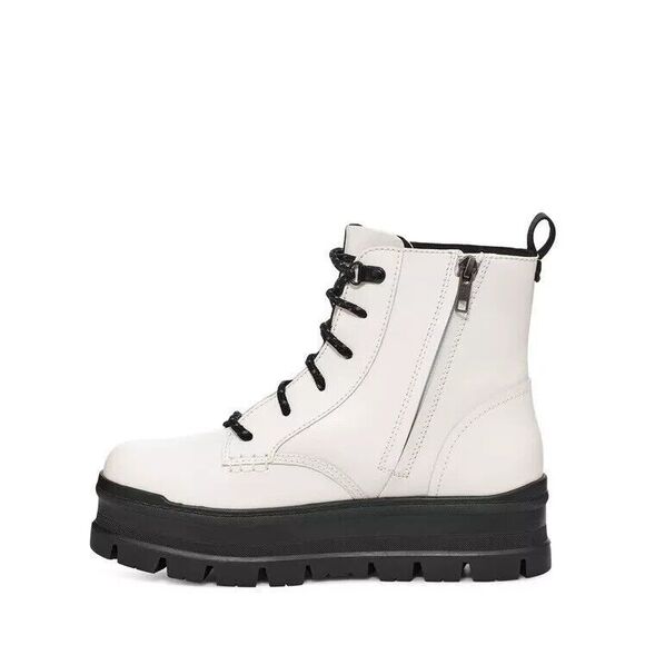 UGG Sidnee US 8 Combat Boots White Leather Waterproof Side Zip NIB $150 - Picture 2 of 14